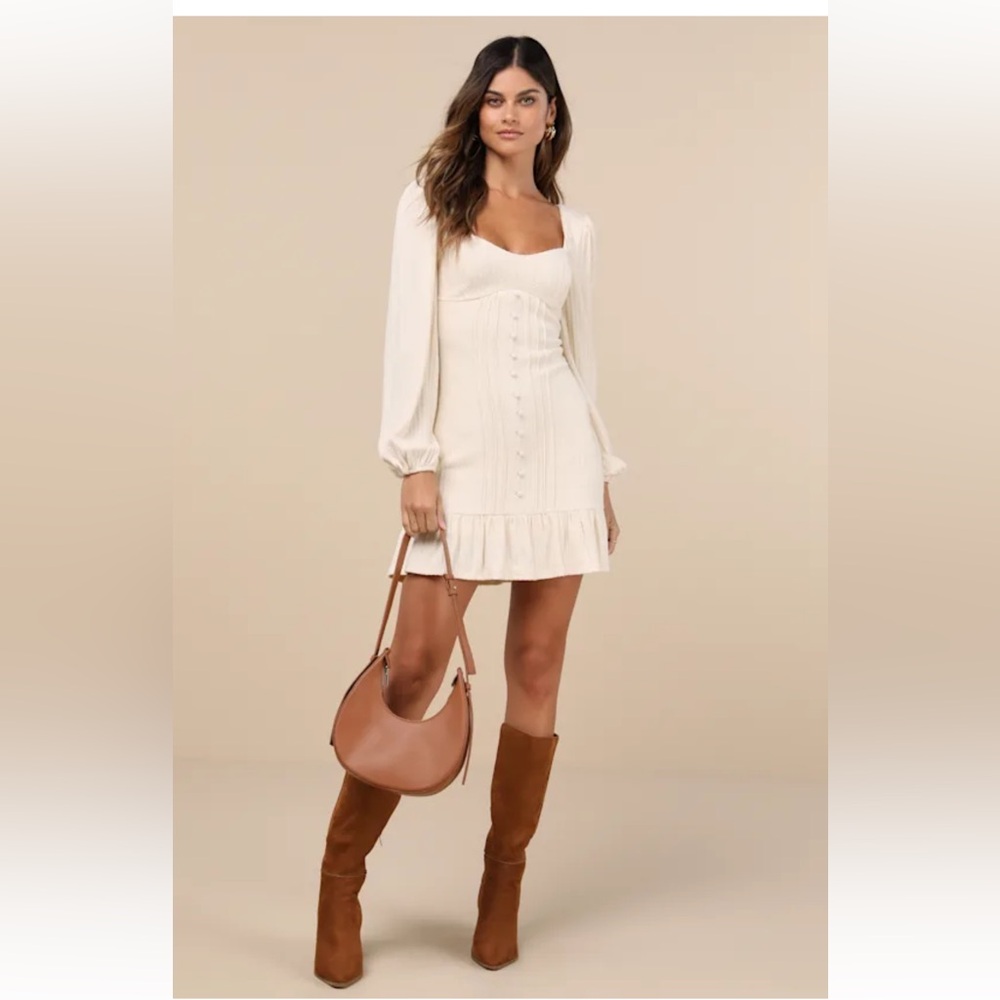 Lulus Coveted Sweetness Cream Pointelle Knit Long Sleeve Mini Dress Sz